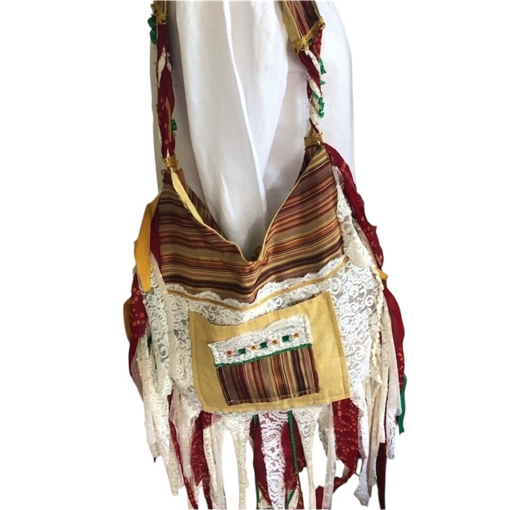 Bohemian Gypsy Crossbody Bag w/gold,green,red stripes & cream lace and fringe - Picture 4 of 17